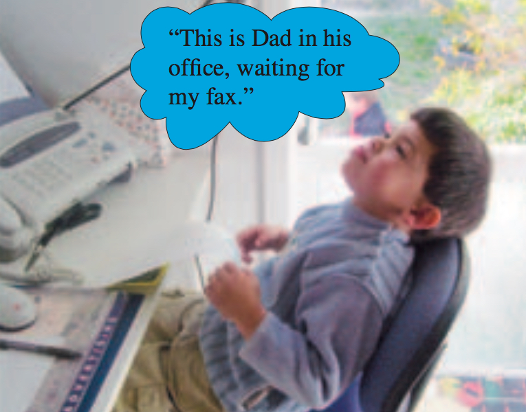 Boy leaning back in chair, speech bubble with text