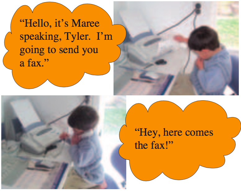 Boy using fax machine, speech bubbles with text