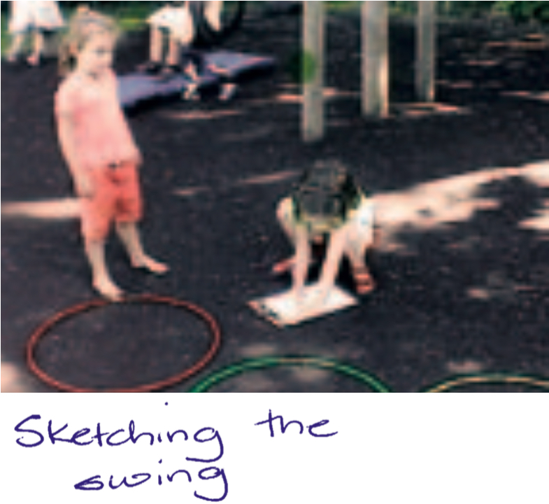 Child sketching a swing