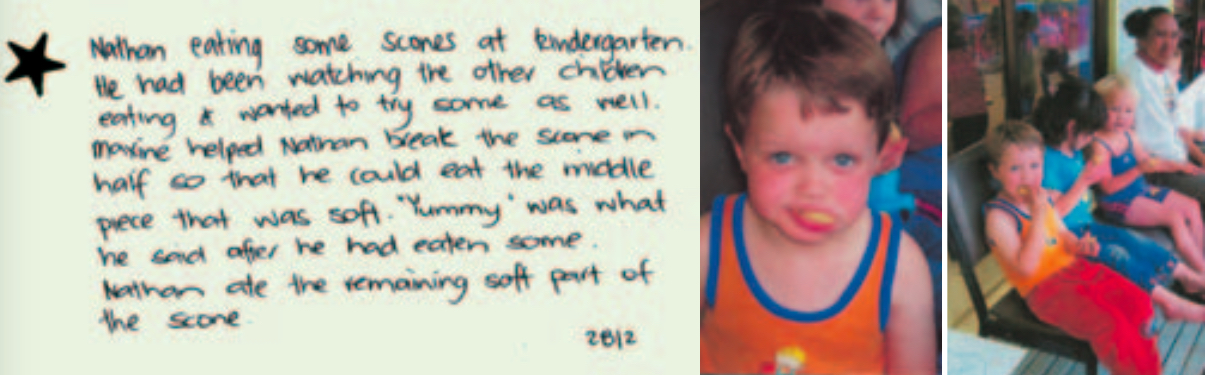 Learning story text, boy eating