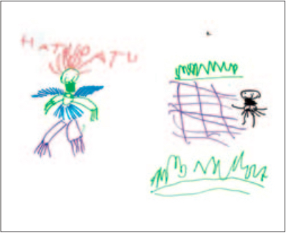 Child's drawing of birdwoman and mud pools